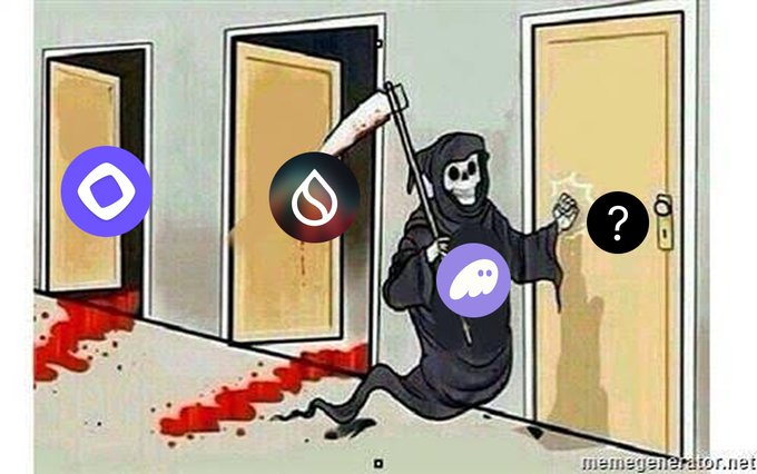 The Grim Reaper stands before a door with a question mark, hinting at who or what will be eliminated next, following the implied downfall of the other entities represented by logos.