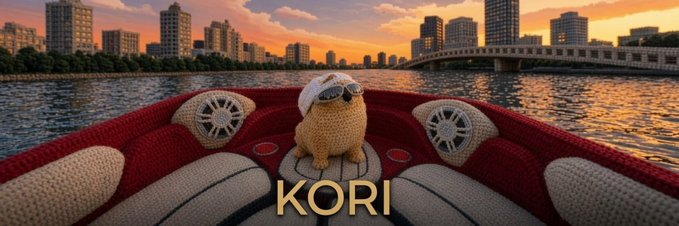 A crocheted penguin wearing sunglasses and a cap sits in a red leather boat seat with the text "KORI" displayed below, set against a waterfront city skyline at sunset—branding imagery for the newly launched $KORI token highlighted in the post.