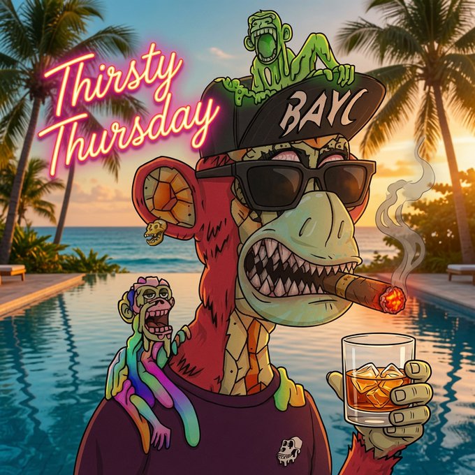 A vibrant digital illustration featuring a Bored Ape-style character wearing a 'BAYC' cap, smoking a cigar, and holding a whiskey glass, with the neon text 'Thirsty Thursday' displayed in a tropical poolside setting.