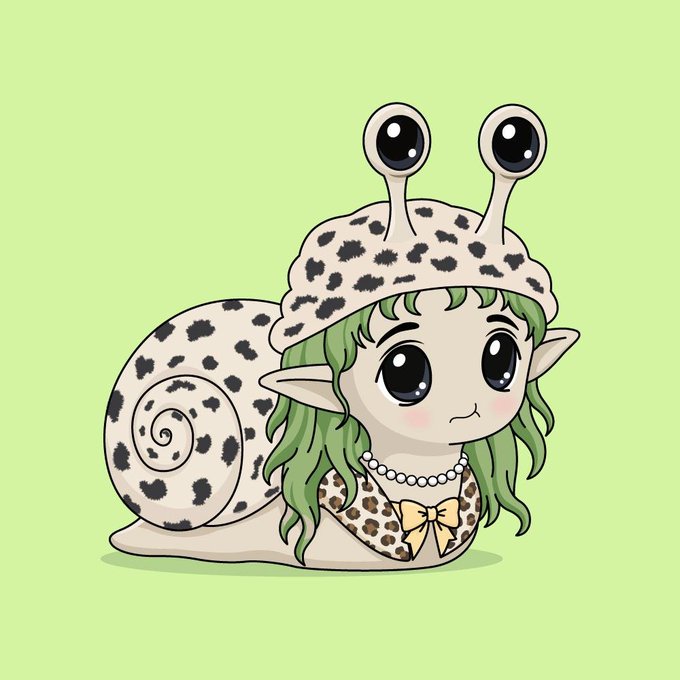 A cute anime-style snail character with green hair, pointy elf ears, leopard-print shell and hat, and a pearl necklace with bow tie, depicted as a chibi mascot on a light green background. The image represents the SnailiesNFTs collection referenced in the post about receiving an honorary "gmeow" snail member.