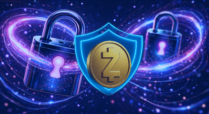 A digital graphic displays a golden coin with a Zcash-style 'Z' logo on a glowing blue shield, flanked by two silver padlocks against a swirling purple cosmic background.