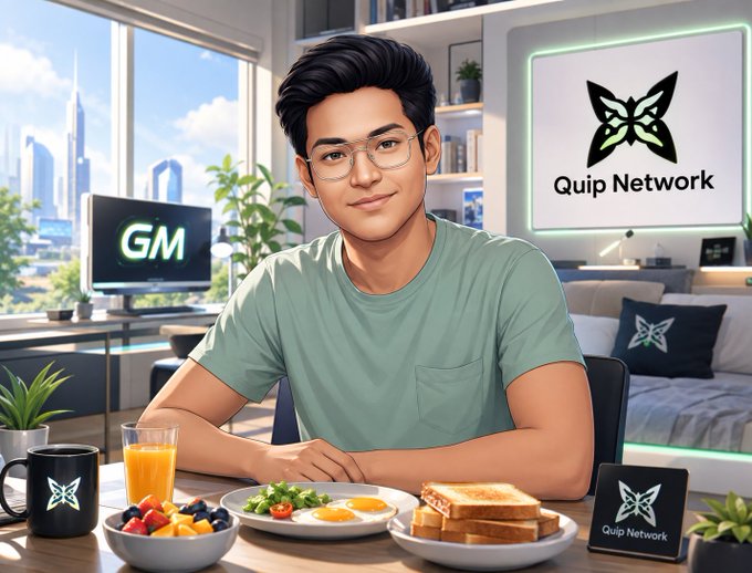 A digital illustration shows a smiling man with glasses sitting at a desk with breakfast including eggs and toast, with a 'Quip Network' logo displayed prominently behind him.