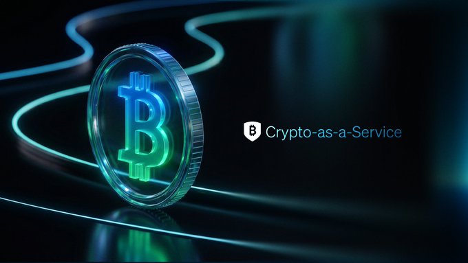 A graphic features a glowing 3D Bitcoin coin on a dark background with flowing blue light trails and the text 'Crypto-as-a-Service'.