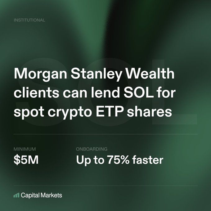 The image features a company logo with white text against a green background, accompanied by a line of code written in black text below that reads "Minimum YM M Up to 75% faster". The post in question promotes Morgan Stanley Wealth Management's ability to lend SOL to receive spot crypto ETP shares. The code is written in English and does not include any other languages or symbols.