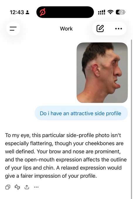 A ChatGPT conversation on a mobile device where a user asks 'Do i have an attractive side profile' alongside a side-view photo of a man, and the AI responds with feedback about cheekbones, brow, nose, and lip expression.