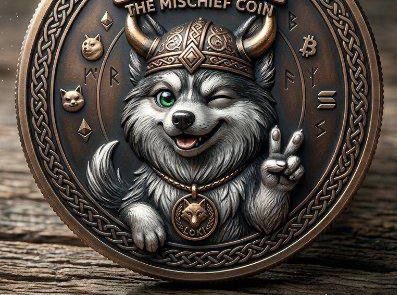 The image features a bronze coin with a cartoon dog wearing a Viking helmet and holding up peace signs. The text "The Mischief Coin" is written above the dog's head, indicating that this coin represents a special edition item or a unique piece of artistry. The coin is displayed on a wooden surface, which adds to its rustic charm.