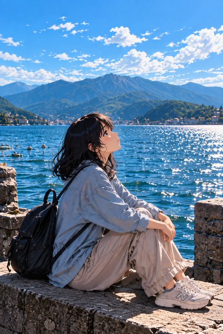 An anime-style illustration depicts a young woman with short dark hair sitting on a stone ledge by a bright blue lake, wearing a light blue shirt and looking up at the sky with mountains in the background.