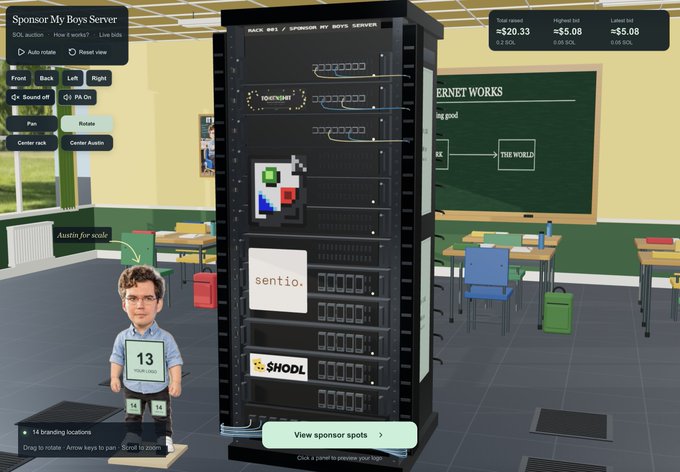 A 3D virtual environment showing a server rack labeled 'Sponsor My Boys Server' with a small avatar standing next to it. Interface shows 'Total raised $20.33', 'Highest bid $5.08', and 'Lowest bid $5.08'.