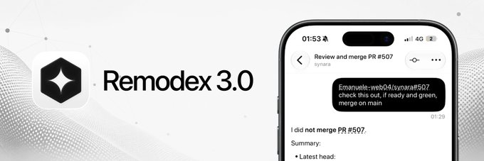 A promotional graphic for "Remodex 3.0" featuring the app's hexagonal star logo alongside an iPhone screenshot displaying a GitHub-style pull request review titled "Review and merge PR #507" with a message from synara about merging PR #507 on main. The image visually supports the post's announcement of a major new update to the Remodex app after months of development.
