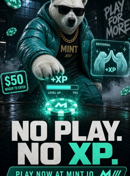 A muscular polar bear wearing sunglasses, a teal puffer jacket, and a gold chain with a "MINT" shirt stands behind a glowing poker chip, with overlay elements showing "$50 WAGER TO ENTER," "+XP," "LEVEL UP 75%," and a "REFERRAL +XP" bonus. Bold text reads "NO PLAY. NO XP." with "PLAY NOW AT MINT.IO" at the bottom, visually reinforcing the post's message that XP on PlayOnMint is earned simply by playing with the $50 entry wager and referring friends.