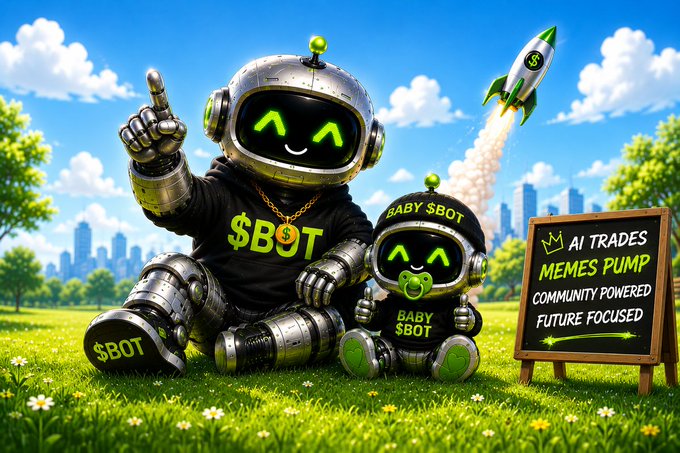 A cartoon robot wearing a black '$BOT' shirt sits on grass next to a smaller 'BABY $BOT' robot, with a chalkboard reading 'AI TRADES, MEMES PUMP, COMMUNITY POWERED, FUTURE FOCUSED' and a rocket launching in the background.
