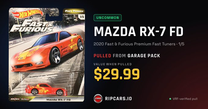 A digital collectible card from Hot Wheels Fast & Furious Premium Fast Tuners showing a Mazda RX-7 FD, labeled as Uncommon, pulled from a Garage Pack with a value of $29.99.