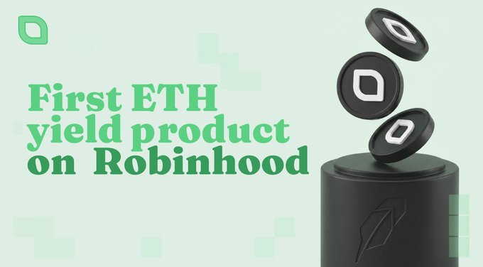 A promotional graphic with a light green background features the text "First ETH yield product on Robinhood" alongside an image of black circular tokens with a stylized "O" logo falling onto a black cylindrical pedestal displaying an Ethereum symbol. The post announces that Mintly now offers ETH yield on Robinhood Chain, marking a new milestone as the first such product on the platform, powered by Origin Protocol and virtuals_io.