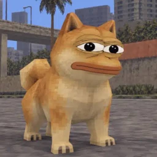 A low-poly, 3D-rendered dog with a bored expression stands on a paved surface with a bridge and city skyline in the background.