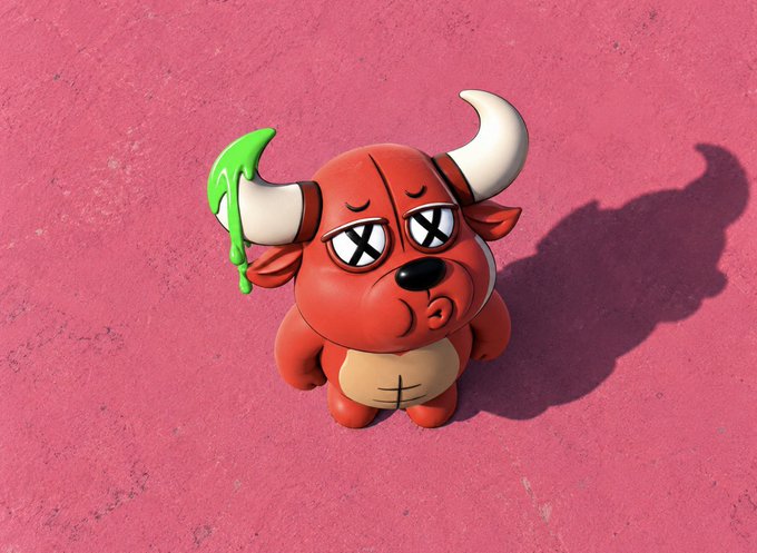 A 3D-rendered cartoon red bull with white horns, X-shaped eyes, and green slime dripping from one horn stands against a pink textured background, casting a dark shadow to the right.