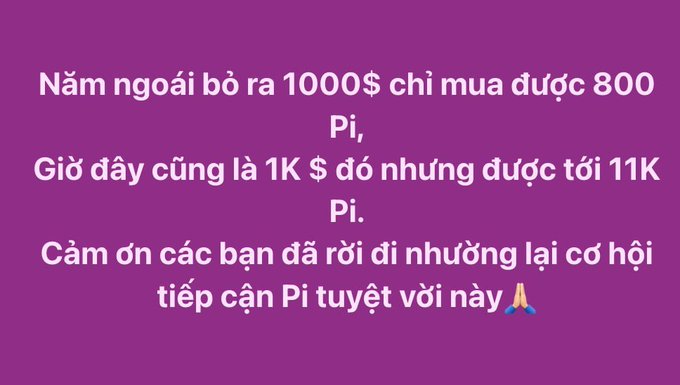 Vietnamese meme text on a magenta background celebrating Pi coin, noting $1,000 now buys up to 11,000 Pi instead of the original 800 Pi.
