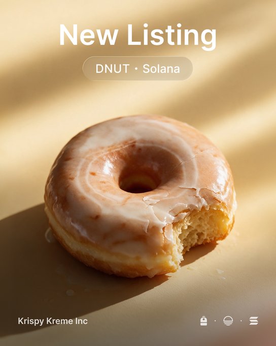 A glazed Krispy Kreme donut with a bite taken out of it sits against a warm beige background, accompanying the announcement that $DNUT (Krispy Kreme Inc) is now listed on Solana via Sunrise and issued by Backpack Securities, with the image playfully referencing the brand's signature pastry.