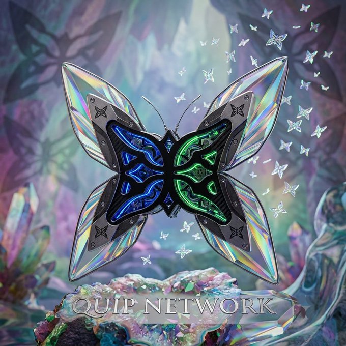 Digital artwork of a crystalline, iridescent butterfly with blue and green circuitry patterns on its wings, labeled 'QUIP NETWORK' at the bottom against a fantasy landscape.