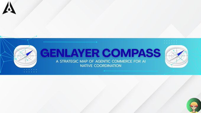 A banner graphic with the text 'GENLAYER COMPASS: A STRATEGIC MAP OF AGENTIC COMMERCE FOR AI NATIVE COORDINATION', featuring a compass logo on the left and a small avatar of a character with a red hat in the bottom right corner.