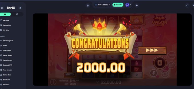 A "thrill" casino gaming website screenshot showing a "CONGRATULATIONS 2000.00" win message on a Norse Valor slot machine game, with a sidebar listing game providers like Pragmatic Play, NetEnt, and Microgaming.