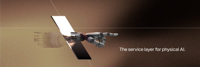 A futuristic satellite/spacecraft with solar panels and a robotic arm, accompanied by the text 'The service layer for physical AI.'