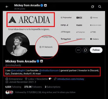 A Twitter profile page shows "Mickey from Arcadia" with the bio "I co-founded @introductioncom | general partner | Investor in Discord, Epic, Databricks, Anduril | AI maxi" and a red arrow pointing to "ramp Fund."