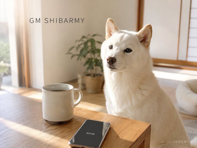 A white Shiba Inu dog sits at a wooden table next to a coffee mug and smartphone, with the text 'GM SHIBARMY' displayed in the upper left corner.