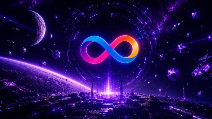 A vibrant cosmic digital artwork featuring a glowing multicolored infinity symbol hovering over a futuristic purple cityscape with a planet and asteroids in space.