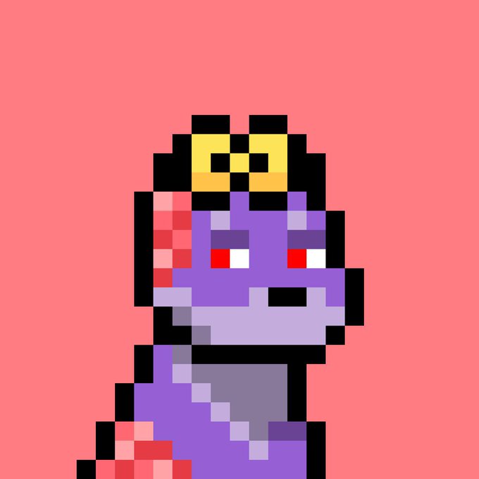 Pixel art character with a purple body, red eyes, and a yellow crown with an 'H' or 'B' symbol, set against a solid coral/pink background.