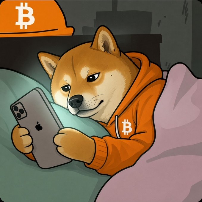 Cartoon Shiba Inu dog in orange Bitcoin hoodie using an iPhone while lying in bed.