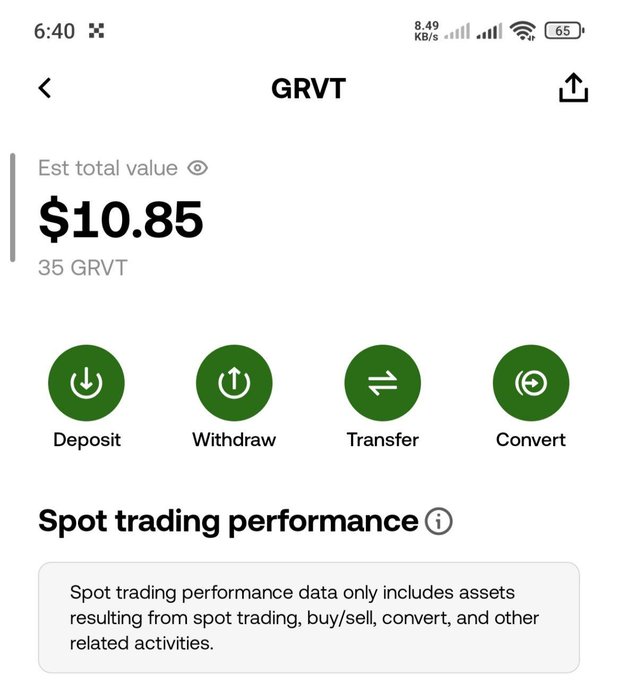 A mobile app screen displaying an estimated total value of $10.85 for 35 GRVT tokens, with options for Deposit, Withdraw, Transfer, and Convert.