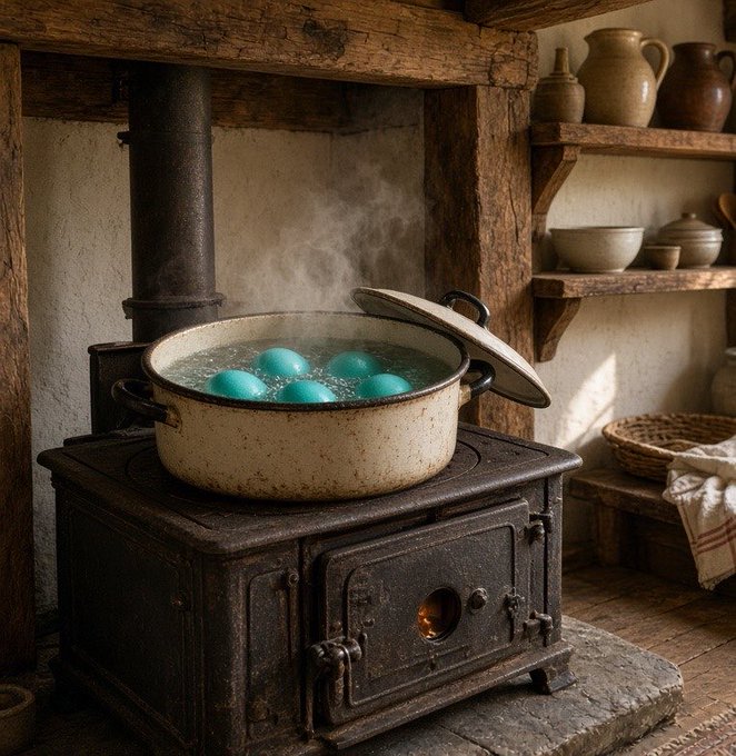 A rustic interior scene of teal-colored eggs boiling in a pot on an antique cast-iron wood stove, with ceramic jugs on shelves in the background.