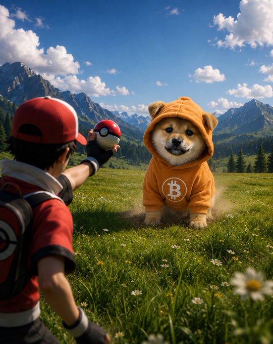A Pokémon-themed digital artwork showing a trainer in a red cap holding a Pokéball facing a Shiba Inu dog wearing an orange Bitcoin-logo hoodie in a mountain meadow with wildflowers.