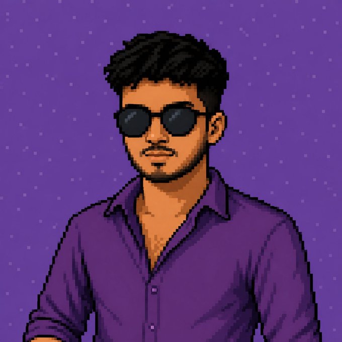 A pixel art portrait of a man with dark hair and a beard, wearing black sunglasses and a purple button-up shirt against a purple background.