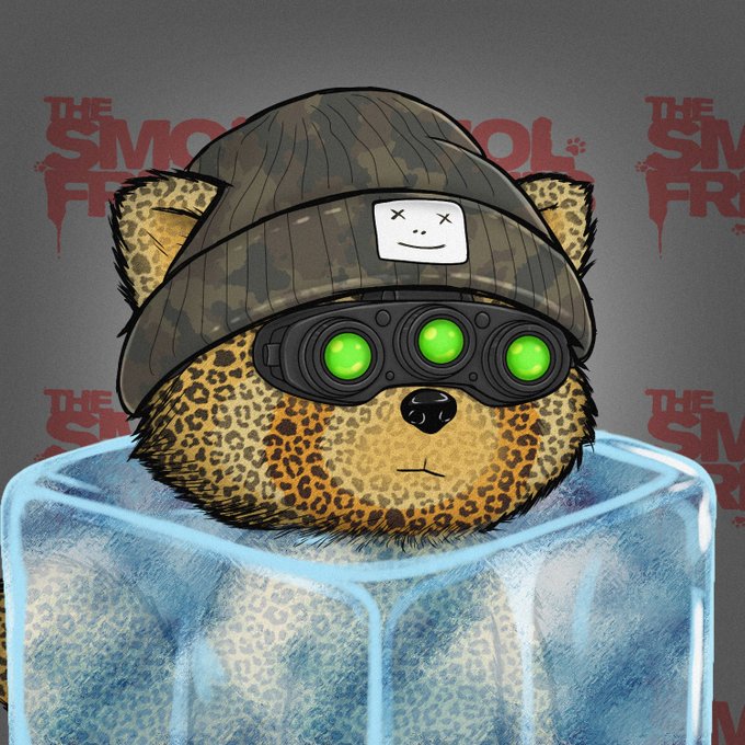 Digital NFT art of a leopard-print bear wearing a camo beanie with a smiley face patch, green night-vision goggles, and emerging from a block of ice, with 'THE SMOOL FROG' branding in the background.