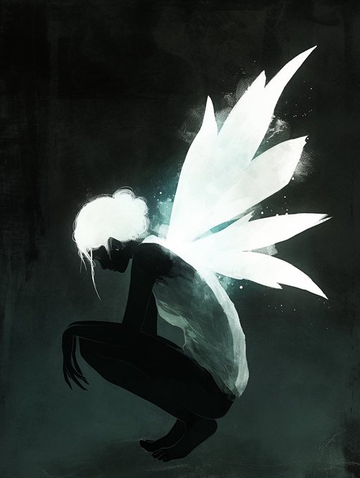 A digital painting of a dark, silhouetted figure with white hair and large, glowing white fairy-like wings, crouched against a dark, misty background.