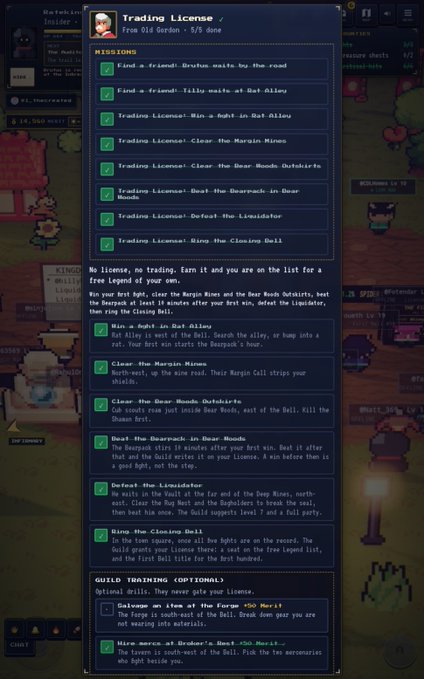 A screenshot of a video game interface showing a 'Trading License' quest titled 'Free Old Gordon - 5/5 done' with a list of completed missions including 'Find a friend: Drufus waits by the road' and 'Clear the Bear Knobs Outskirts'.