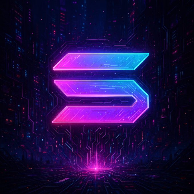 A glowing neon Solana logo in pink and blue gradients floats above a futuristic circuit board landscape, symbolizing the network's resilient infrastructure and celebrating its milestone of 950 consecutive days of uninterrupted uptime.