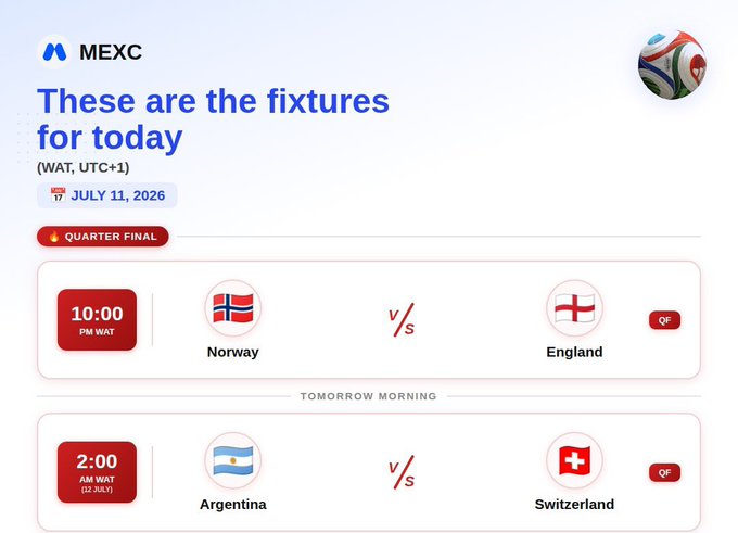 MEXC promotional graphic showing football fixtures for July 11, 2026: Norway vs England at 10:00 PM WAT and Argentina vs Switzerland at 2:00 AM WAT, both quarter-final matches.