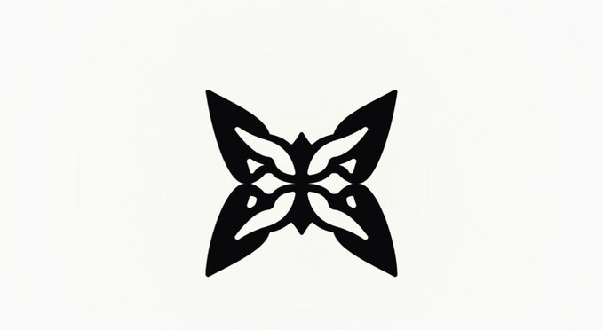 A black stylized butterfly or symmetrical wing-like logo on a light background.