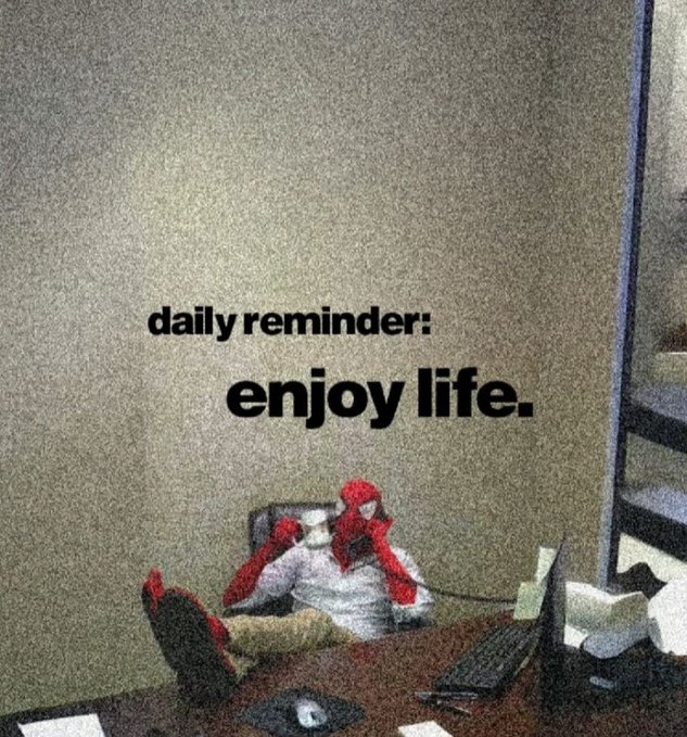 A grainy image of Spider-Man reclining at a desk with text overlay reading 'daily reminder: enjoy life.'