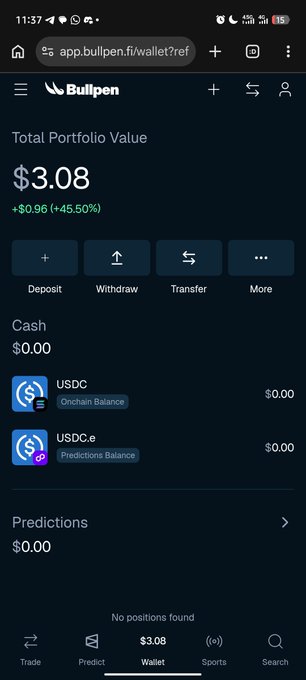 Bullpen wallet app screenshot showing a Total Portfolio Value of $3.08 (+$0.96 / +45.50%) with no active positions.
