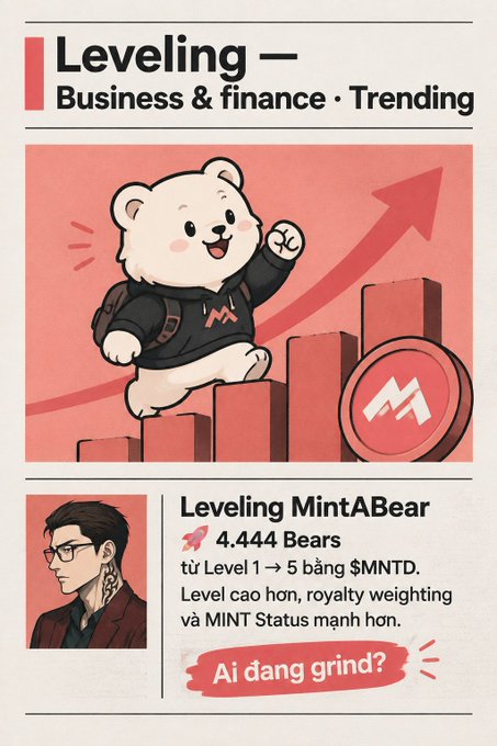 A graphic titled 'Leveling — Business & finance · Trending' features a cartoon bear climbing an upward arrow chart, with text reading 'Leveling MintABear, 4,444 Bears' and 'Ai đang grind?'.