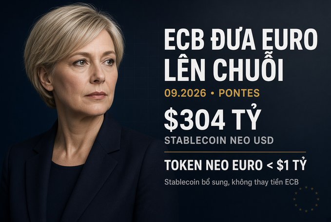 News graphic with a portrait of a woman and Vietnamese text "ECB ĐƯA EURO LÊN CHUỖI" dated 09.2026, mentioning $304B Stablecoin Neo USD and Token Neo Euro < $1B.