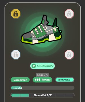 Gamified NFT-style sneaker card showing a green and white running shoe labeled 'Shoe Mint 2/7', Uncommon rarity, Runner class, valued at $30605692.
