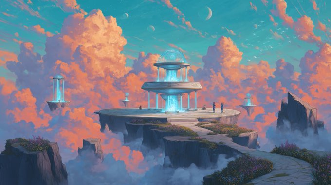 A digital painting of a fantastical floating island featuring a grand white pavilion with cascading blue waterfalls, set against a sky filled with billowing orange clouds and visible celestial bodies.