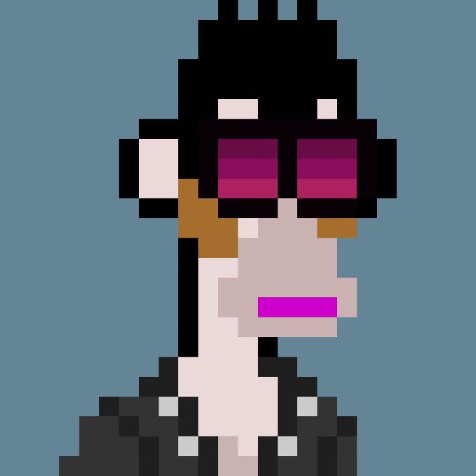 A pixel art portrait of a figure with dark hair, pink/magenta pixelated sunglasses, pink lips, and a studded dark jacket against a blue background.