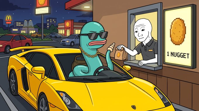 A cartoon illustration of a blue character wearing sunglasses and a gold chain driving a yellow sports car, ordering '1 NUGGET' at a fast food drive-thru window.