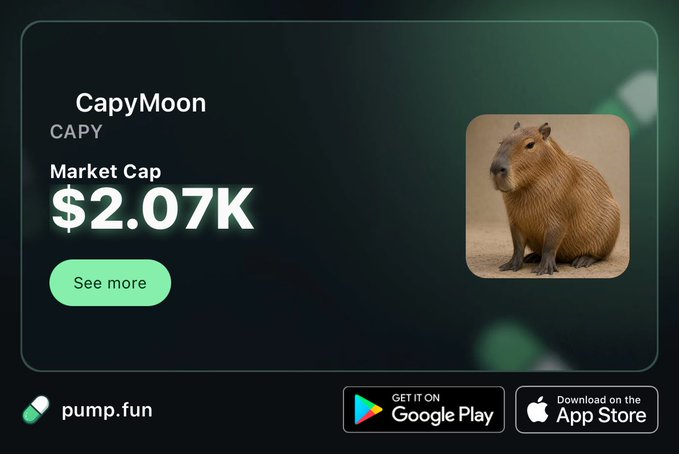 A promotional card for the CapyMoon (CAPY) meme token displays a $2.07K market cap alongside an image of a capybara, with pump.fun branding and download links for Google Play and the App Store, matching the post's call to join the CAPY community on pump.fun.