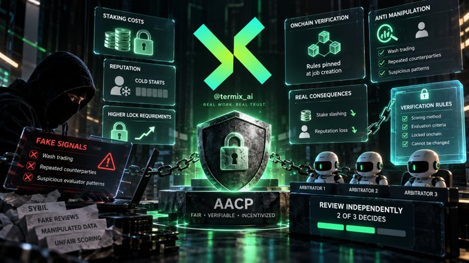 A promotional graphic for '@termix_ai' featuring an 'AACP' (Real Work, Real Trust) shield logo with a padlock, surrounded by information panels covering topics like 'STAKING COSTS', 'REPUTATION', 'HIGHER LOCK REQUIREMENTS', 'ONCHAIN VERIFICATION', 'REAL CONSEQUENCES', and 'VERIFICATION RULES', with a hooded figure on the left and three robot arbitrators on the right.